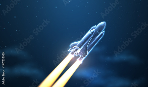 Space shuttle launching with bright rocket flames into night sky. Space exploration, aerospace mission, transport technology, futuristic flight, innovation concept. Vector illustration