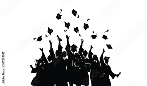 A group of happy graduates throwing their caps in the air to celebrate their academic success