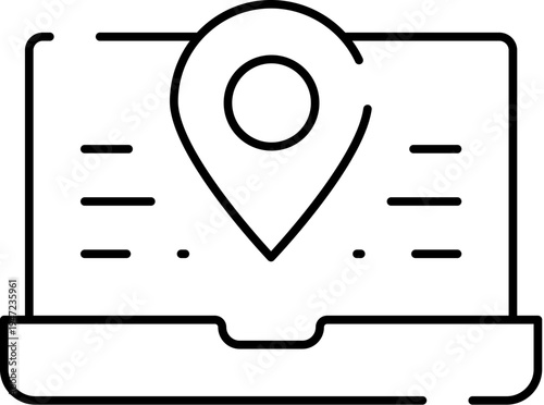 Laptop computer with a large location pin icon on its screen, symbolizing global positioning, digital navigation, and online mapping services for finding places and addresses