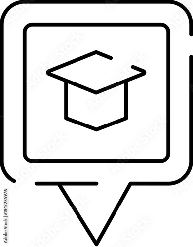 Graduation cap line icon symbolizing education and learning achievements, placed within a geolocator pin representing academic institutions and school locations