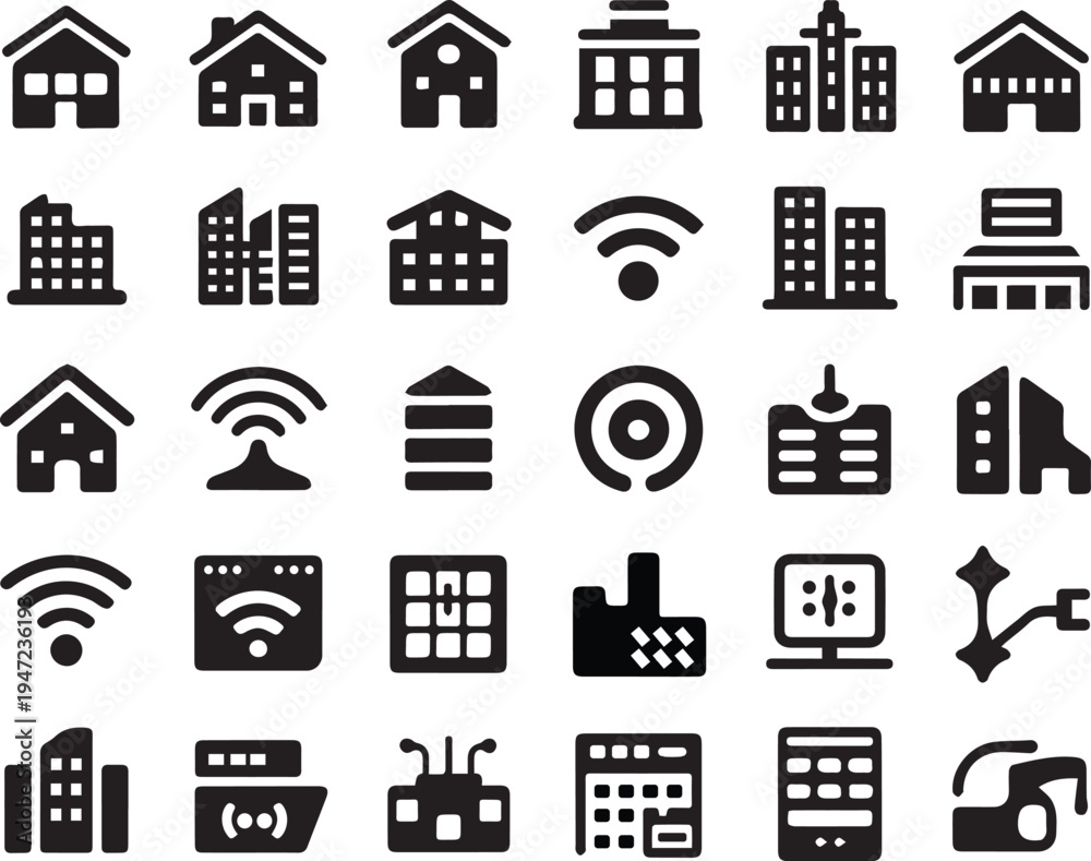 Fototapeta premium Vector art set of city buildings and network design.