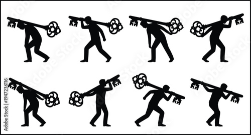 Eight black silhouettes of a person carrying a giant ornate key on their shoulder, depicting effort and burden.
