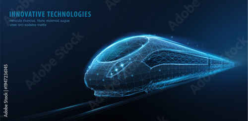 High speed train with glowing digital wireframe on dark background. Smart railway transport, futuristic mobility, engineering innovation, rapid transit technology concept. Vector illustration