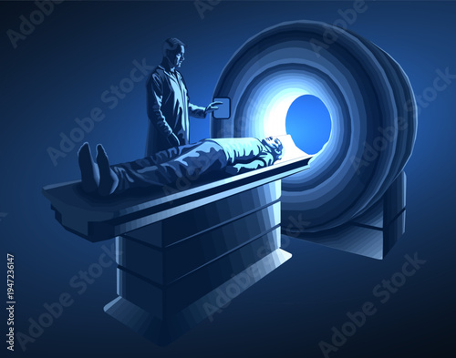 Patient on medical scanner bed with doctor beside machine. Diagnostic imaging, hospital examination, radiology equipment, healthcare technology, MRI scan concept. Vector illustration