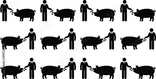 Repetitive graphic of a suited man feeding a pig, symbolizing investment, care, or agricultural business.