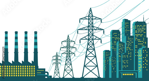 Flat vector illustration of electricity generation and distribution with power plant, transmission towers, and cityscape, energy supply concept, industrial infrastructure design