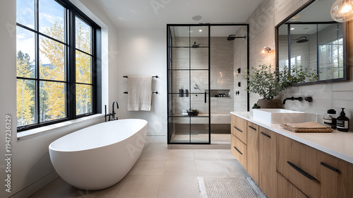 elegant freestanding bathtub in contemporary bathroom with wood flooring glass shower and big windows for home renovation and interior design