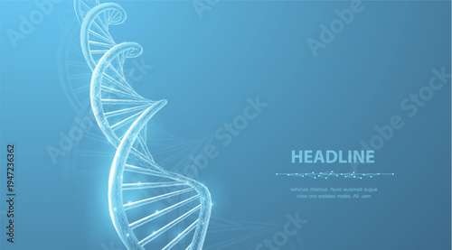 Glowing DNA helix on soft blue background. Genetics science, biotechnology research, molecular biology, medical innovation, genome structure concept. Vector illustration