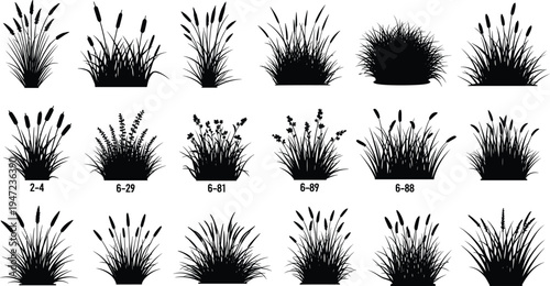 Flat vector illustration of fifteen grass and plant silhouettes arranged in rows, botanical vegetation icons, landscape decoration elements, eco nature concept, catalog reference design