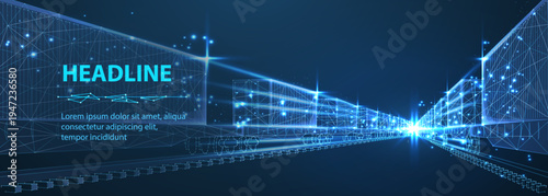 Futuristic data tunnel with glowing lines and perspective grid. Digital network, speed connection, cyber infrastructure, information flow, virtual highway concept. Vector illustration