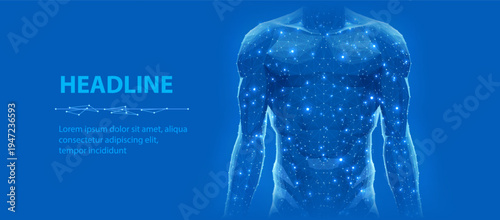 Human body with glowing internal network on blue background. Medical anatomy, healthcare technology, biological system, wellness monitoring, digital body concept. Vector illustration