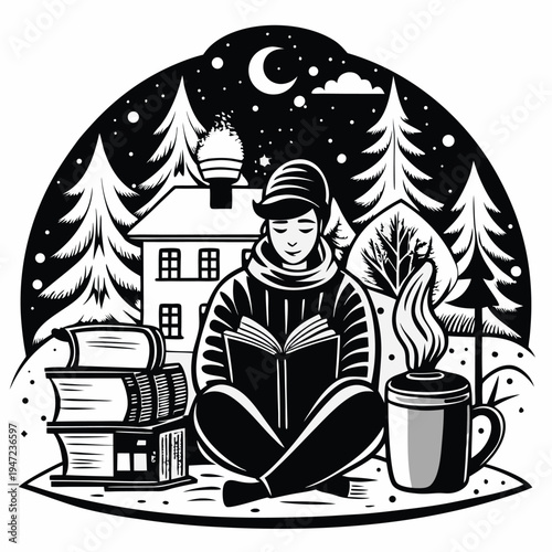 Cozy person enjoys a captivating book during a quiet winter night surrounded by snowy trees and a warm drink