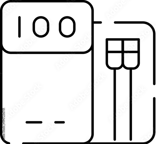 Portable power bank connected to smartphone via cable showing 100 percent battery icon, clean vector style illustration conveying full charge, backup power, energy and device readiness