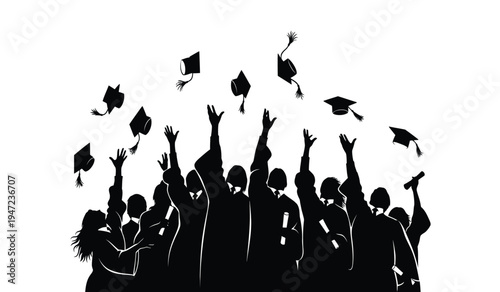 A group of happy students wearing graduation gowns and tossing their mortarboard caps in the air