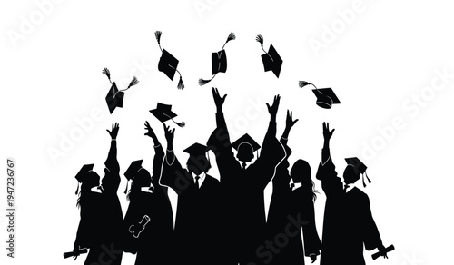A group of happy students in academic gowns celebrating their graduation by tossing mortarboards