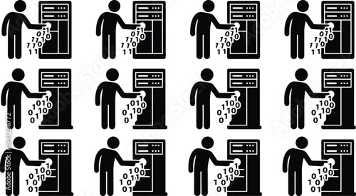 Twelve stick figures inputting binary data into server machines, illustrating data processing and management.