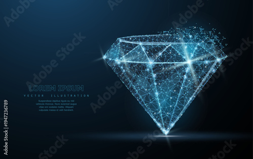Glowing diamond made of digital dots and lines on dark background. Luxury gemstone, blockchain asset, virtual value, crystal brilliance, futuristic wealth concept. Vector illustration