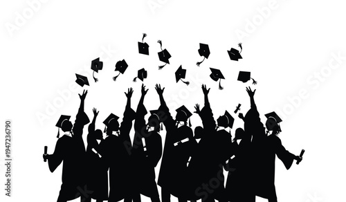A group of happy university graduates in robes throwing their mortarboard caps into the air joyfully