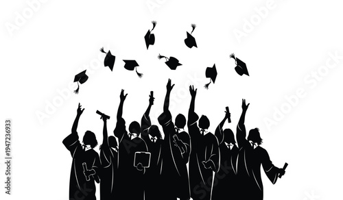 A group of happy graduates in black robes tossing their caps into the air in a celebratory motion