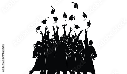 A group of happy graduates celebrating their academic success by throwing caps into the bright air