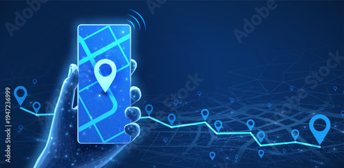 Hand holding smartphone with map and location pins. GPS navigation, mobile tracking, route planning, travel technology, digital geolocation, online map service concept. Vector illustration