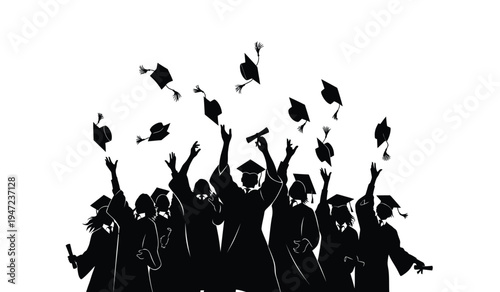 A black silhouette of a group of happy graduates throwing their mortarboard caps into the air