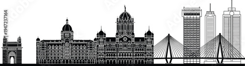 Flat vector illustration of Mumbai skyline silhouettes featuring Gateway of India, Taj Mahal Palace, CST station, Bandra-Worli Sea Link, skyscrapers, iconic architecture design