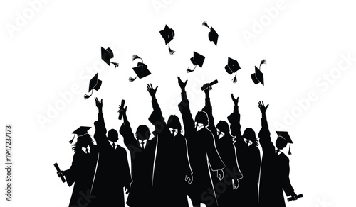 A group of happy university graduates throwing their mortarboard caps into the air at graduation