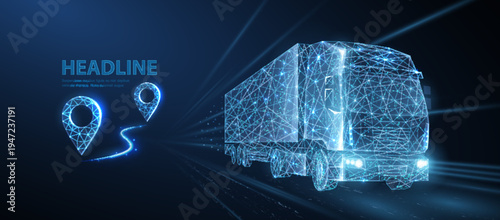 Wireframe cargo truck with glowing location pins on dark background. Smart logistics, delivery tracking, transport technology, freight monitoring, supply chain concept. Vector illustration