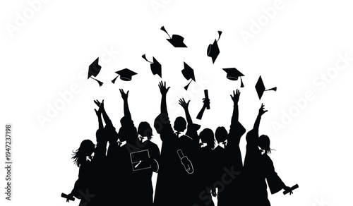 Group of students in graduation gowns throwing their academic caps into the air in celebration