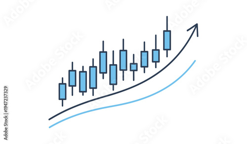 Financial candlestick chart showing a steady upward market trend with a rising trendline indicator
