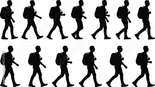 Flat vector illustration of twelve walking cycle silhouettes with backpack, human motion sequence, biomechanics study, animation design element, gait analysis concept illustration