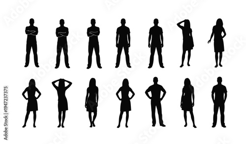 A collection of diverse human silhouettes standing in various poses for graphic design projects