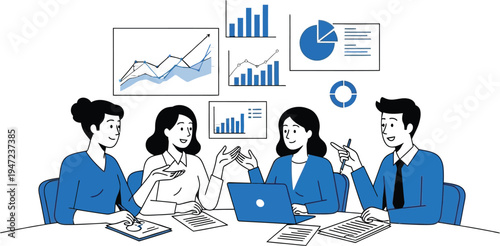 Business team discussing rising financial reports