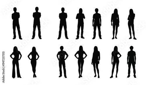 A collection of diverse human silhouettes standing in various poses arranged in two neat rows