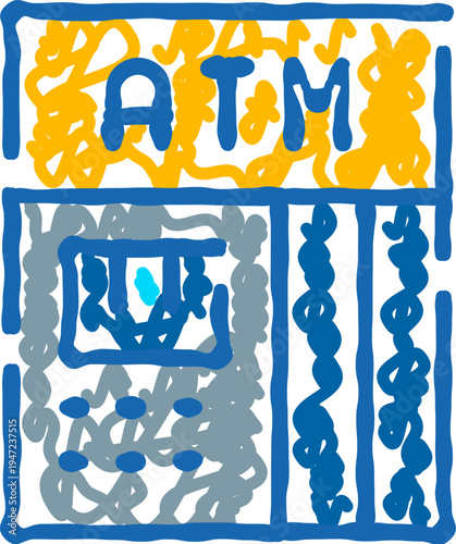 Automated teller machine icon hand drawn in a scribble doodle style, representing financial transactions, banking services, and cashless payment methods