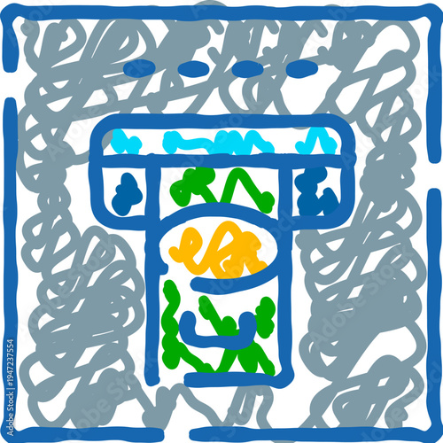 Colorful hand drawn atm cash machine doodle icon showing withdrawal, keypad and screen for banking transactions, money access and convenient automated teller service