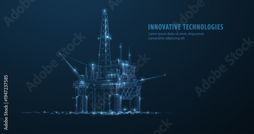 Offshore oil platform in glowing digital lines on blue. Energy industry, petroleum extraction, industrial engineering, marine structure, future production concept. Vector illustration