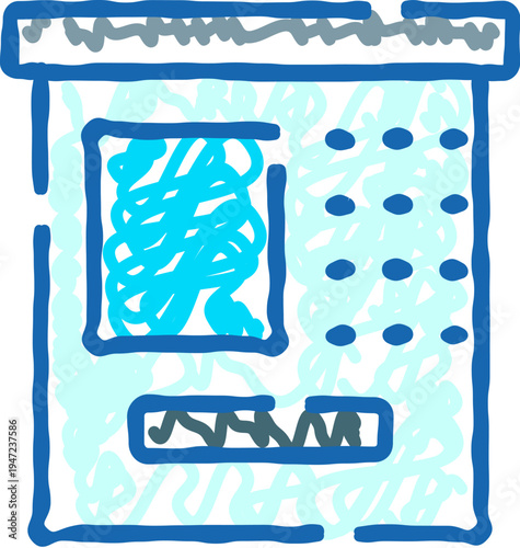 Automatic teller machine doodle illustration with hand drawn style, depicting a device for banking transactions, withdrawing or depositing money, managing finances and accessing services