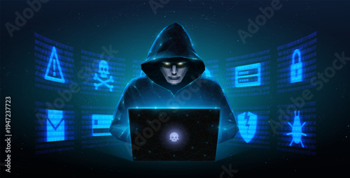 Hooded hacker using laptop with glowing cyber icons. Cybercrime, data breach, malware attack, online security, digital surveillance, phishing threat, dark web concept. Vector illustration
