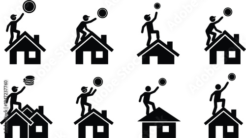 A series of pictograms showing people on rooftops interacting with coins, symbolizing financial actions or property investment.