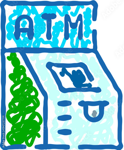 Drawing a blue and green automatic teller machine pictogram, representing financial transactions, cash withdrawals, and banking services with a simple, illustrative, and modern doodle style