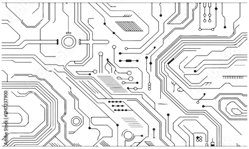 Abstract black and white circuit board pattern with electronic components and connections representing technology and digital innovation