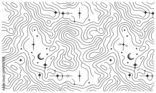 Abstract topographic map contour lines pattern with celestial elements like stars moons and diamonds creating an ethereal background texture