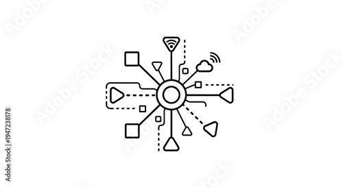 Abstract Network Connection Hub with Digital Icons and Data Flow