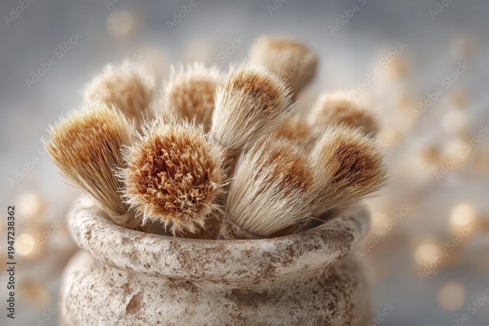 Fototapeta premium Elegant cosmetic brushes in rustic pot, displaying beauty accessories with natural soft bristles against a blurred, neutral background enhancing the product's appeal.