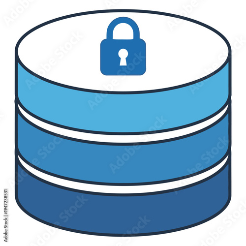 Secure database icon featuring stacked storage disks and a padlock symbol | Minimal vector design for protected data management systems