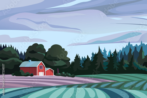 Farm Landscape with Barn Vector Illustration