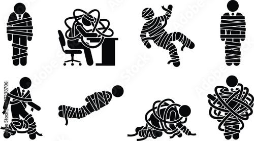 Set of 8 black and white vector icons depicting people tangled, tied up, and struggling with ropes or wires, representing stress, problems, and being overwhelmed.