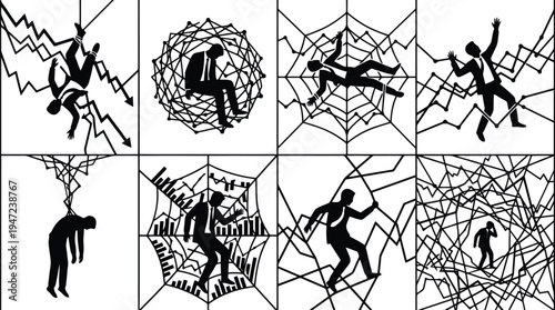 Eight black and white panels illustrating businessmen trapped and struggling in spiderweb-like structures, symbolizing financial crisis, stress, and despair.